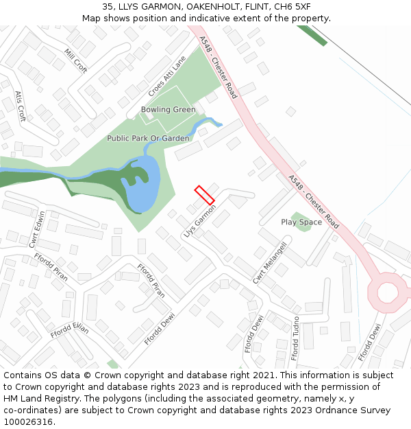 35, LLYS GARMON, OAKENHOLT, FLINT, CH6 5XF: Location map and indicative extent of plot