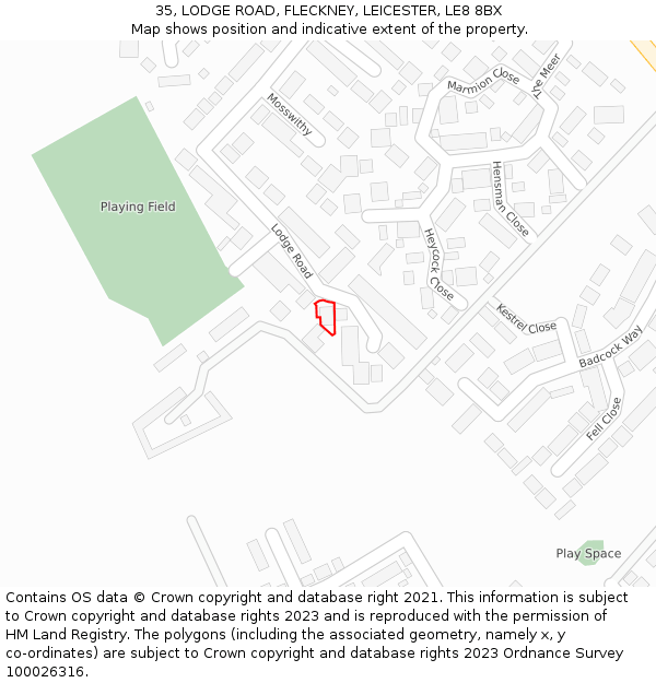 35, LODGE ROAD, FLECKNEY, LEICESTER, LE8 8BX: Location map and indicative extent of plot