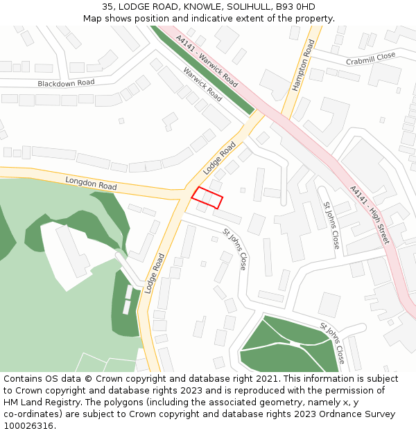 35, LODGE ROAD, KNOWLE, SOLIHULL, B93 0HD: Location map and indicative extent of plot