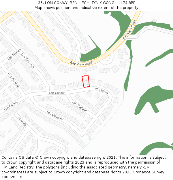 35, LON CONWY, BENLLECH, TYN-Y-GONGL, LL74 8RP: Location map and indicative extent of plot