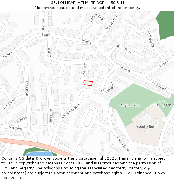 35, LON ISAF, MENAI BRIDGE, LL59 5LN: Location map and indicative extent of plot