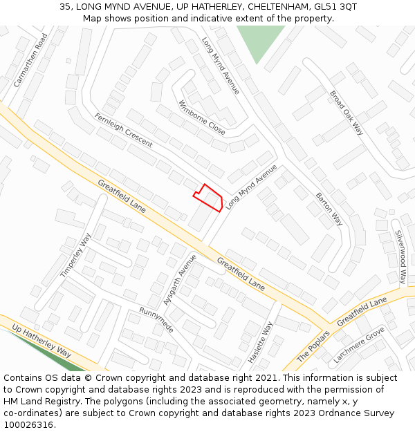 35, LONG MYND AVENUE, UP HATHERLEY, CHELTENHAM, GL51 3QT: Location map and indicative extent of plot
