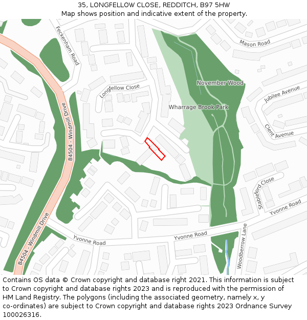 35, LONGFELLOW CLOSE, REDDITCH, B97 5HW: Location map and indicative extent of plot