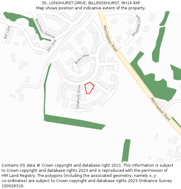 35, LONGHURST DRIVE, BILLINGSHURST, RH14 9XP: Location map and indicative extent of plot