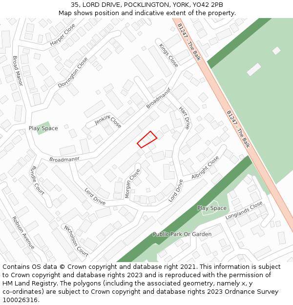 35, LORD DRIVE, POCKLINGTON, YORK, YO42 2PB: Location map and indicative extent of plot