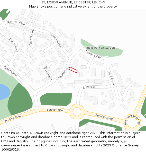 35, LORDS AVENUE, LEICESTER, LE4 2HX: Location map and indicative extent of plot