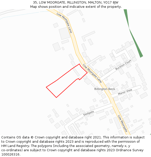 35, LOW MOORGATE, RILLINGTON, MALTON, YO17 8JW: Location map and indicative extent of plot