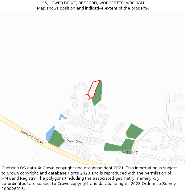 35, LOWER DRIVE, BESFORD, WORCESTER, WR8 9AH: Location map and indicative extent of plot