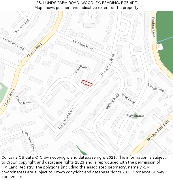 35, LUNDS FARM ROAD, WOODLEY, READING, RG5 4PZ: Location map and indicative extent of plot