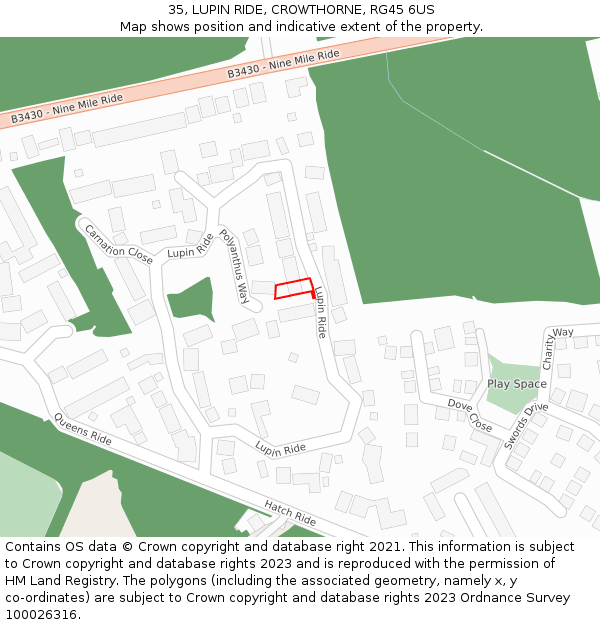 35, LUPIN RIDE, CROWTHORNE, RG45 6US: Location map and indicative extent of plot