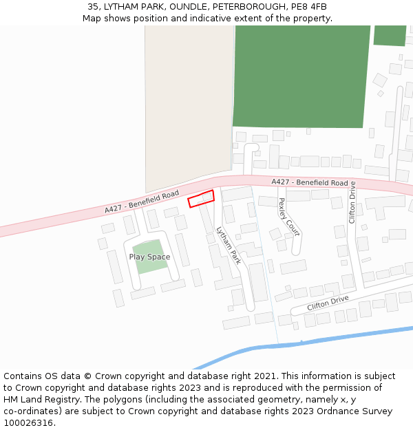 35, LYTHAM PARK, OUNDLE, PETERBOROUGH, PE8 4FB: Location map and indicative extent of plot