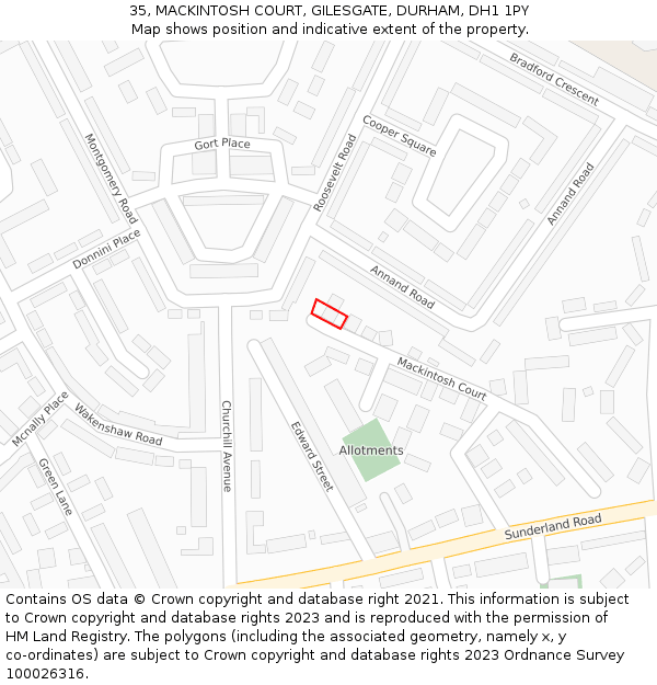 35, MACKINTOSH COURT, GILESGATE, DURHAM, DH1 1PY: Location map and indicative extent of plot