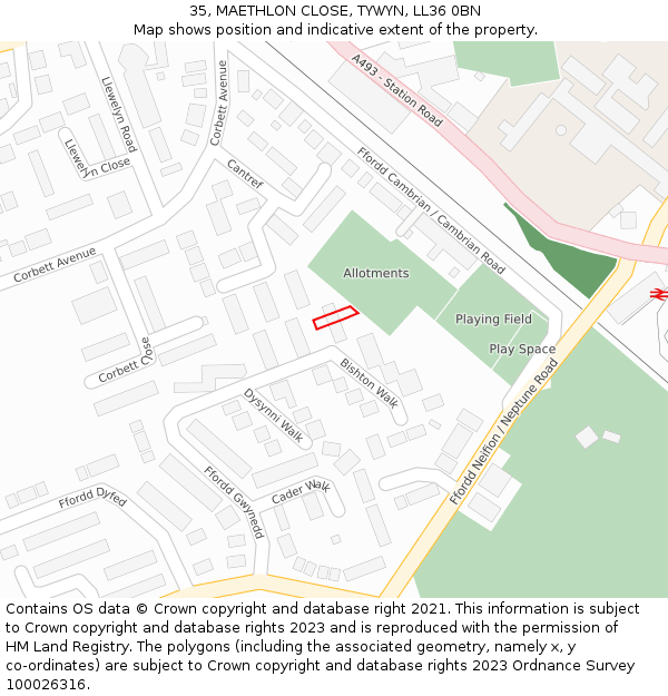 35, MAETHLON CLOSE, TYWYN, LL36 0BN: Location map and indicative extent of plot