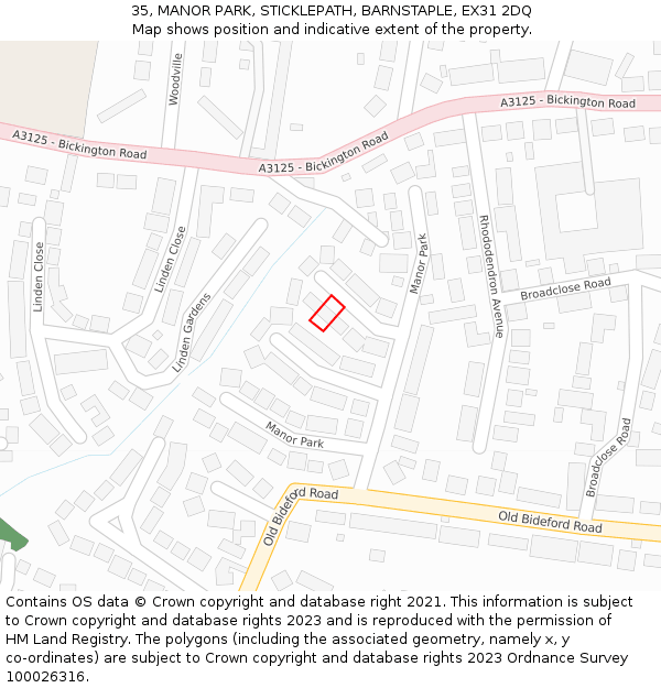 35, MANOR PARK, STICKLEPATH, BARNSTAPLE, EX31 2DQ: Location map and indicative extent of plot