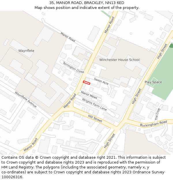 35, MANOR ROAD, BRACKLEY, NN13 6ED: Location map and indicative extent of plot