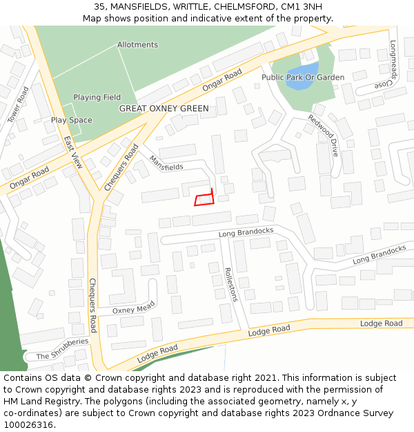 35, MANSFIELDS, WRITTLE, CHELMSFORD, CM1 3NH: Location map and indicative extent of plot