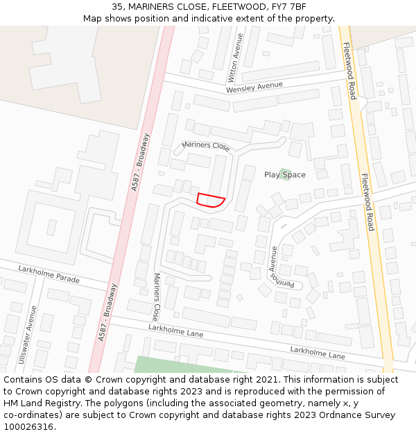 35, MARINERS CLOSE, FLEETWOOD, FY7 7BF: Location map and indicative extent of plot