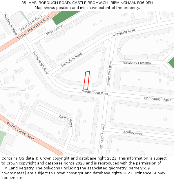 35, MARLBOROUGH ROAD, CASTLE BROMWICH, BIRMINGHAM, B36 0EH: Location map and indicative extent of plot