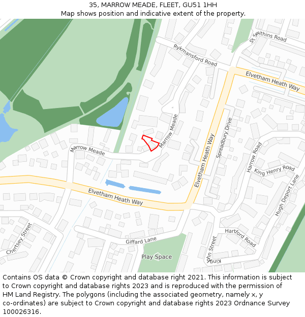 35, MARROW MEADE, FLEET, GU51 1HH: Location map and indicative extent of plot