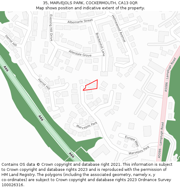 35, MARVEJOLS PARK, COCKERMOUTH, CA13 0QR: Location map and indicative extent of plot