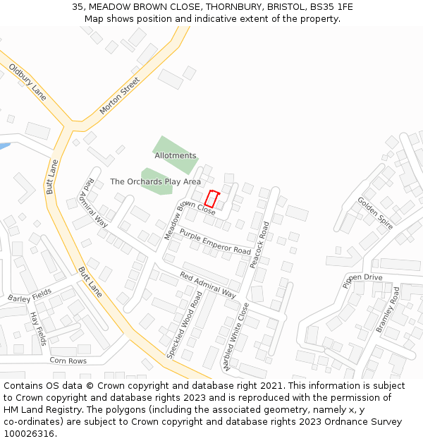 35, MEADOW BROWN CLOSE, THORNBURY, BRISTOL, BS35 1FE: Location map and indicative extent of plot