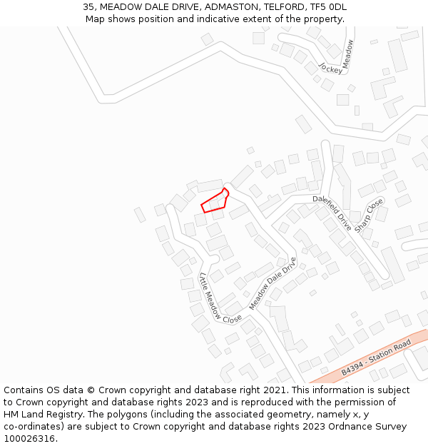 35, MEADOW DALE DRIVE, ADMASTON, TELFORD, TF5 0DL: Location map and indicative extent of plot