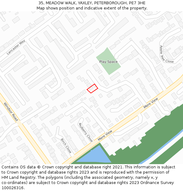 35, MEADOW WALK, YAXLEY, PETERBOROUGH, PE7 3HE: Location map and indicative extent of plot
