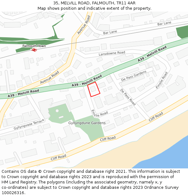 35, MELVILL ROAD, FALMOUTH, TR11 4AR: Location map and indicative extent of plot