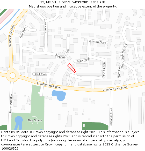 35, MELVILLE DRIVE, WICKFORD, SS12 9FE: Location map and indicative extent of plot