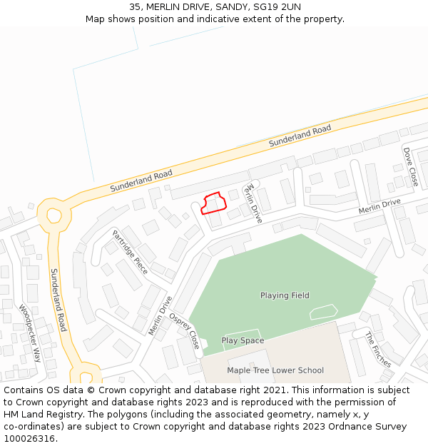 35, MERLIN DRIVE, SANDY, SG19 2UN: Location map and indicative extent of plot