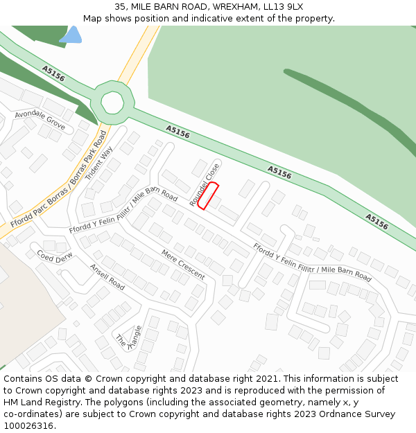 35, MILE BARN ROAD, WREXHAM, LL13 9LX: Location map and indicative extent of plot