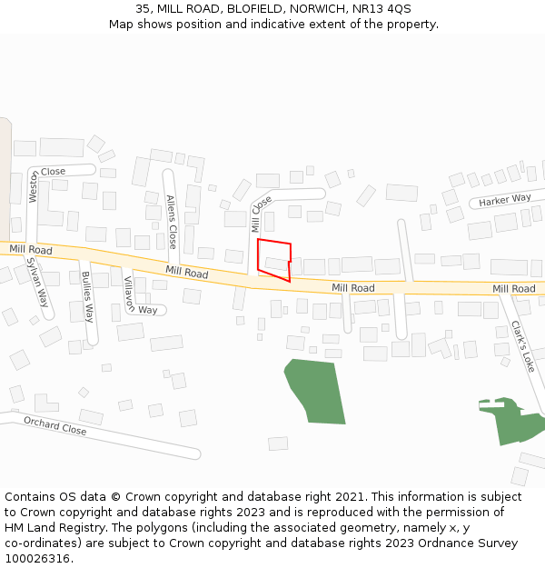 35, MILL ROAD, BLOFIELD, NORWICH, NR13 4QS: Location map and indicative extent of plot