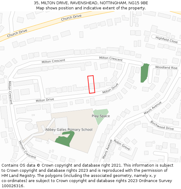 35, MILTON DRIVE, RAVENSHEAD, NOTTINGHAM, NG15 9BE: Location map and indicative extent of plot