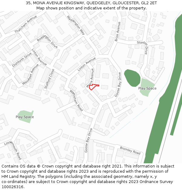 35, MONA AVENUE KINGSWAY, QUEDGELEY, GLOUCESTER, GL2 2ET: Location map and indicative extent of plot