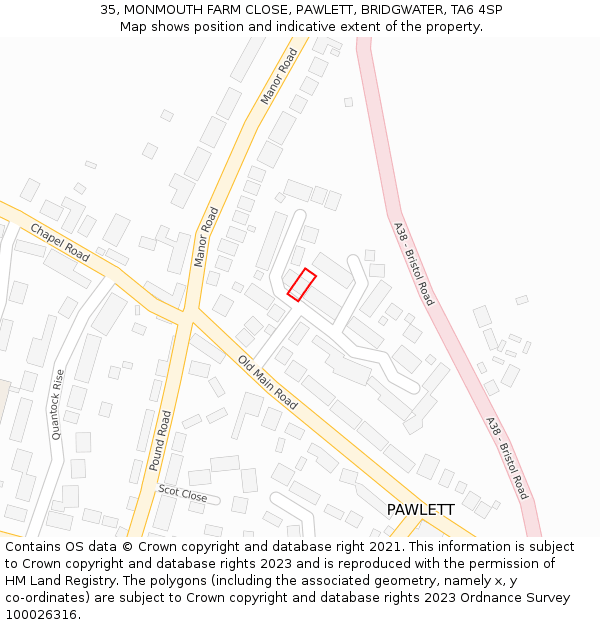 35, MONMOUTH FARM CLOSE, PAWLETT, BRIDGWATER, TA6 4SP: Location map and indicative extent of plot