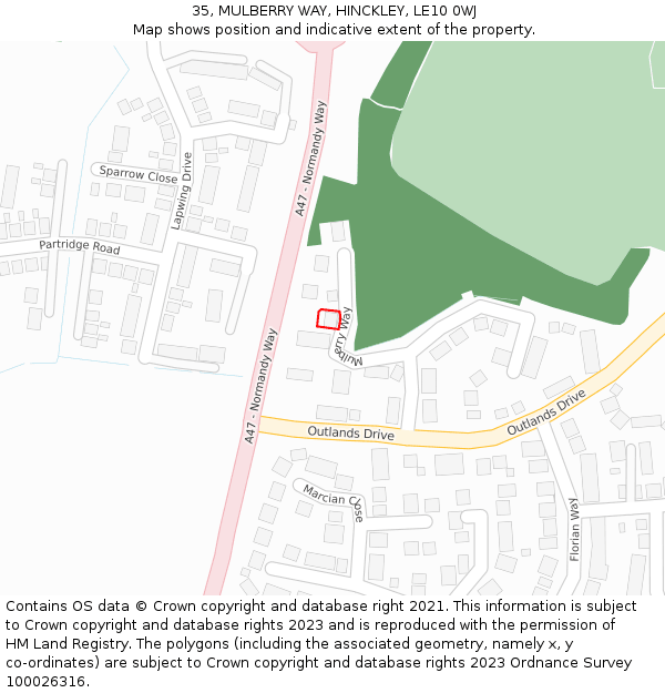 35, MULBERRY WAY, HINCKLEY, LE10 0WJ: Location map and indicative extent of plot