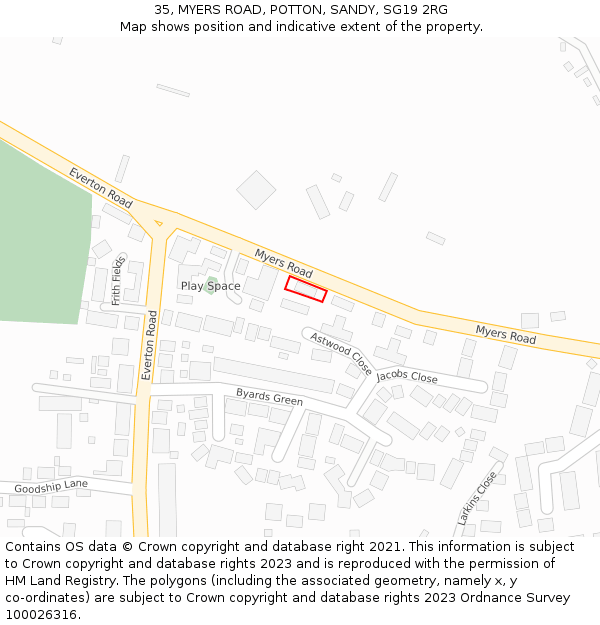 35, MYERS ROAD, POTTON, SANDY, SG19 2RG: Location map and indicative extent of plot