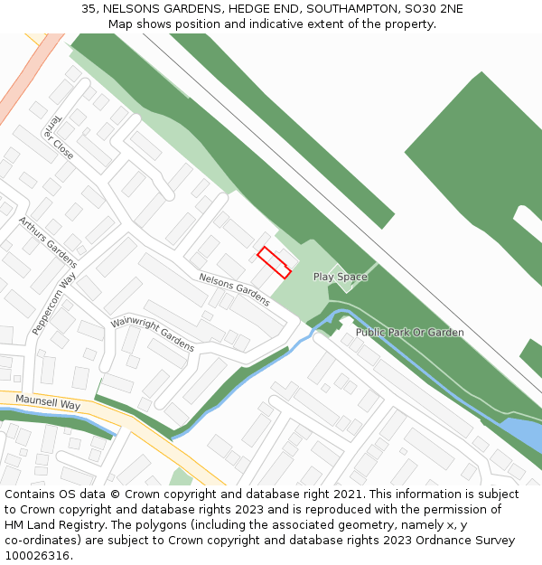 35, NELSONS GARDENS, HEDGE END, SOUTHAMPTON, SO30 2NE: Location map and indicative extent of plot