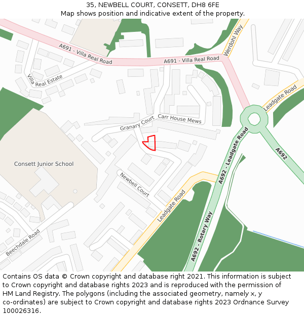 35, NEWBELL COURT, CONSETT, DH8 6FE: Location map and indicative extent of plot