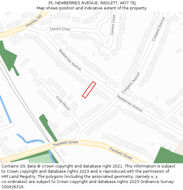 35, NEWBERRIES AVENUE, RADLETT, WD7 7EJ: Location map and indicative extent of plot