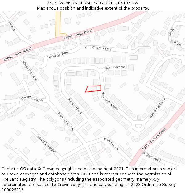 35, NEWLANDS CLOSE, SIDMOUTH, EX10 9NW: Location map and indicative extent of plot