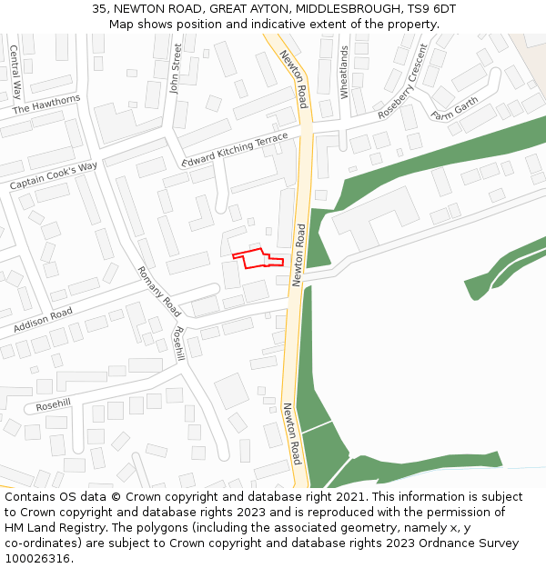 35, NEWTON ROAD, GREAT AYTON, MIDDLESBROUGH, TS9 6DT: Location map and indicative extent of plot