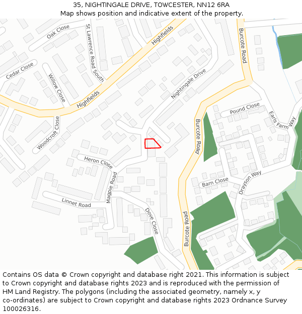35, NIGHTINGALE DRIVE, TOWCESTER, NN12 6RA: Location map and indicative extent of plot