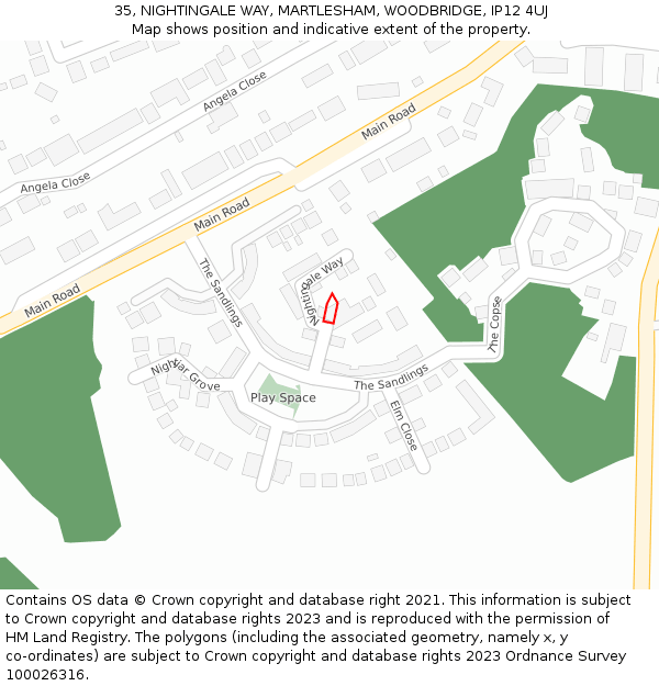 35, NIGHTINGALE WAY, MARTLESHAM, WOODBRIDGE, IP12 4UJ: Location map and indicative extent of plot