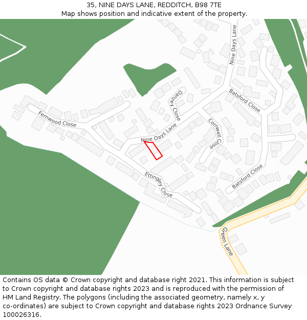 35, NINE DAYS LANE, REDDITCH, B98 7TE: Location map and indicative extent of plot