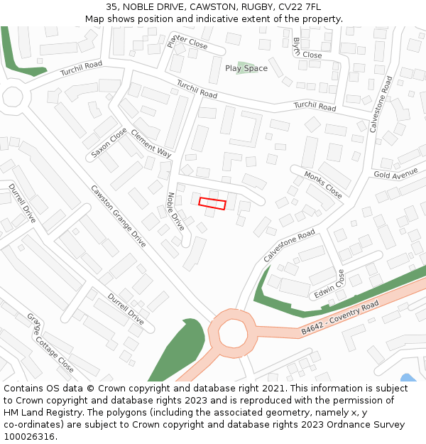 35, NOBLE DRIVE, CAWSTON, RUGBY, CV22 7FL: Location map and indicative extent of plot
