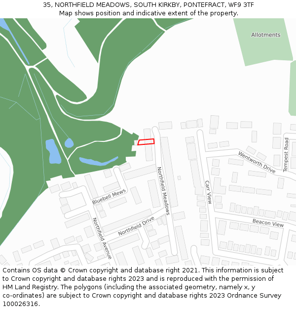 35, NORTHFIELD MEADOWS, SOUTH KIRKBY, PONTEFRACT, WF9 3TF: Location map and indicative extent of plot