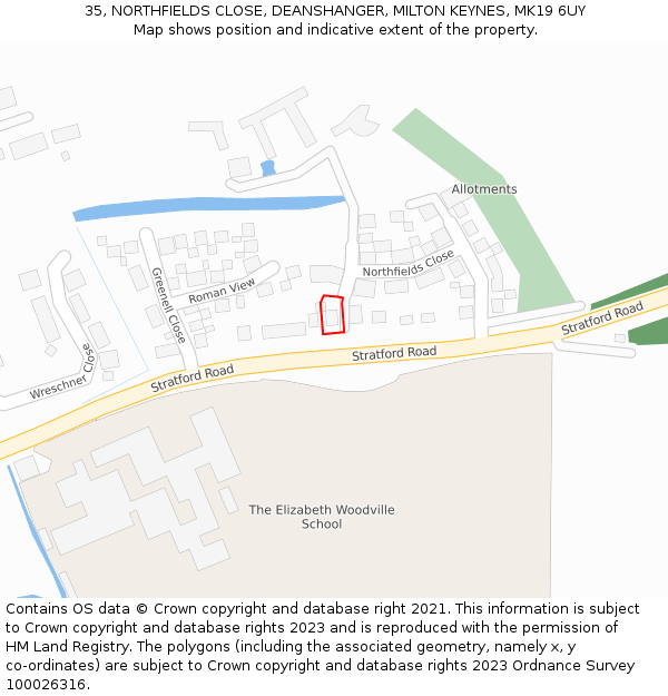 35, NORTHFIELDS CLOSE, DEANSHANGER, MILTON KEYNES, MK19 6UY: Location map and indicative extent of plot