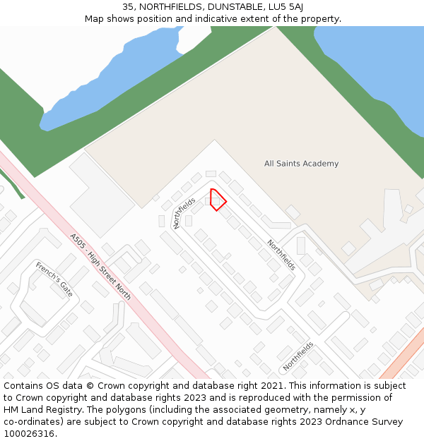 35, NORTHFIELDS, DUNSTABLE, LU5 5AJ: Location map and indicative extent of plot