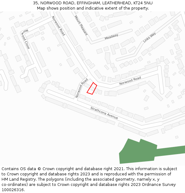 35, NORWOOD ROAD, EFFINGHAM, LEATHERHEAD, KT24 5NU: Location map and indicative extent of plot